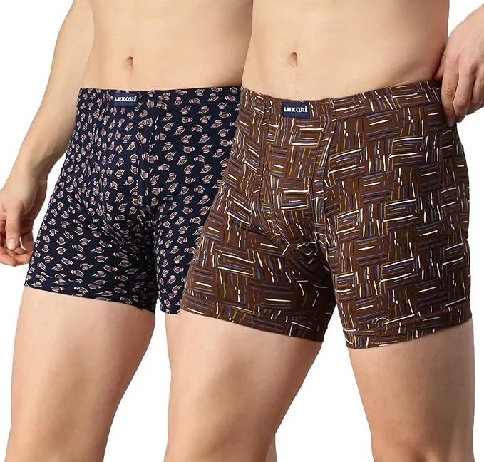 Lux Cozi Men's 100% Cotton Printed Inner Elastic Long Trunk | Printed Long Trunk for Men | Color and Print May Vary | Long Trunk for Men Pack of 2 (Brown, S)