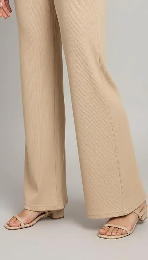 Mehrang High Waisted Wide Leg Ribbed Knit Trousers with Pockets | Casual and Stretchy Pants | for Women (S)