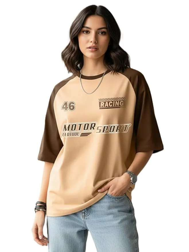 LEOTUDE Oversized Half Sleeve Cottonblend Tshirt for Women, Round Neck Longline Printed Colour Blocked Baggie T-Shirt (Male, S)
