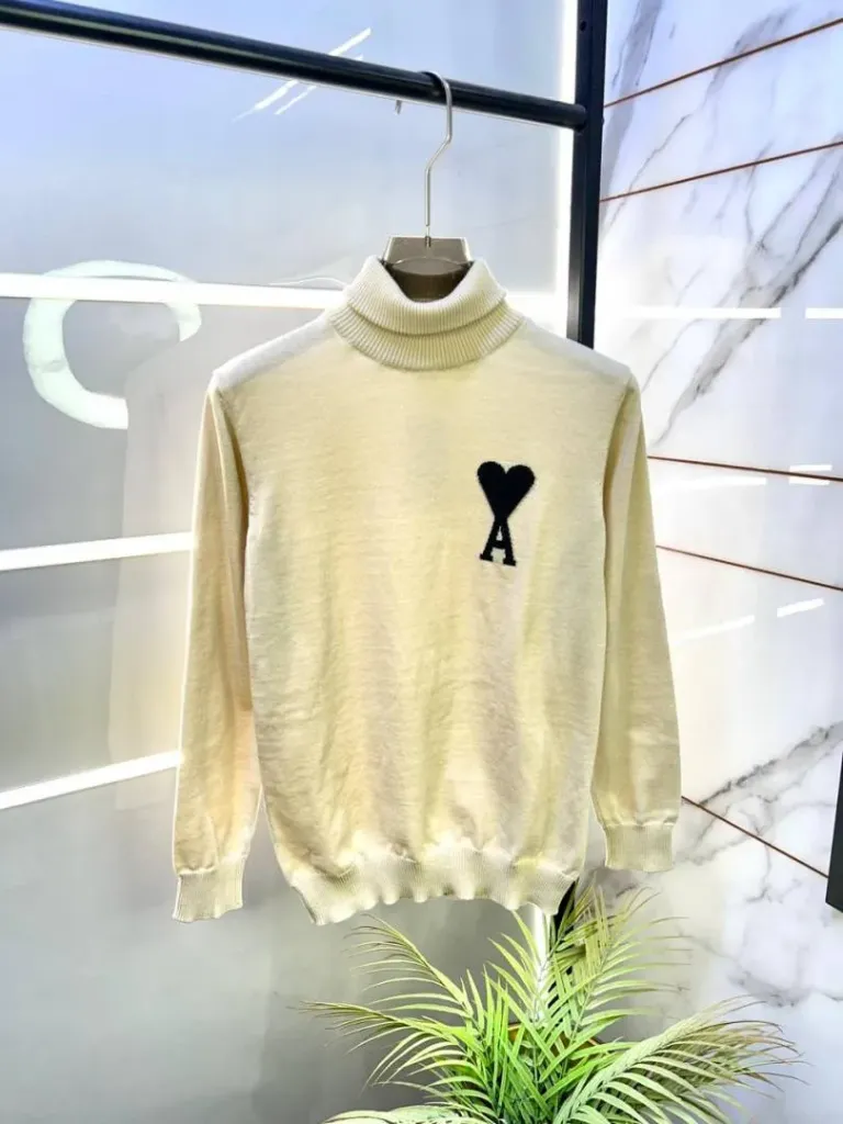 Ami Logo Imported Beige High Neck Premium Pullovers F3391-BE