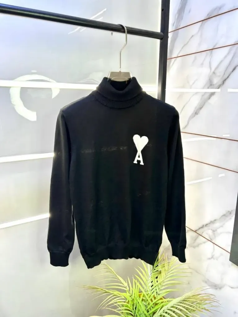 Ami Logo Imported Black High Neck Premium Pullovers F3391-BL